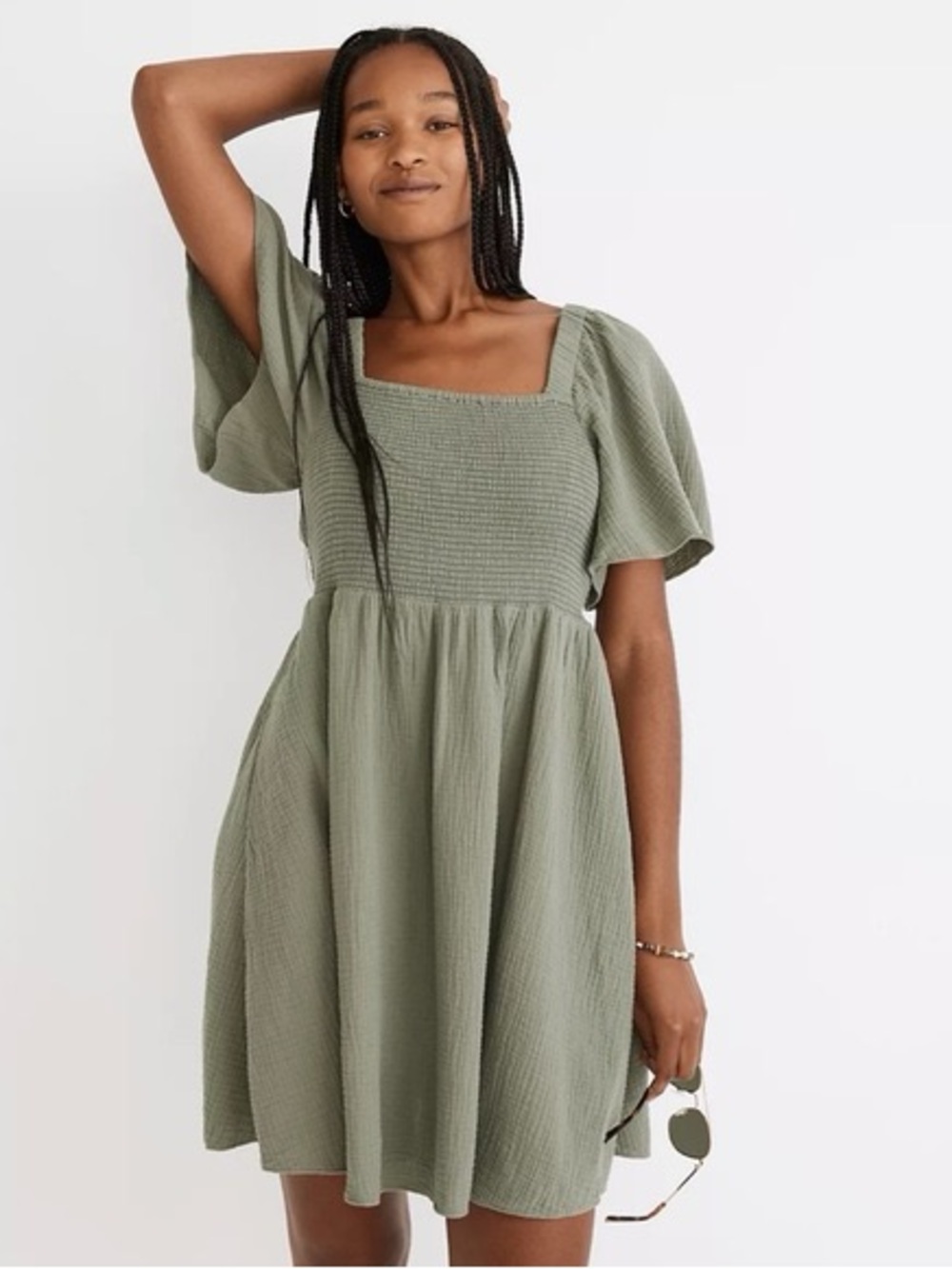 Madewell Women’s Smocked Square-Neck Short Sleeve Dress - Olive Green Tie Back